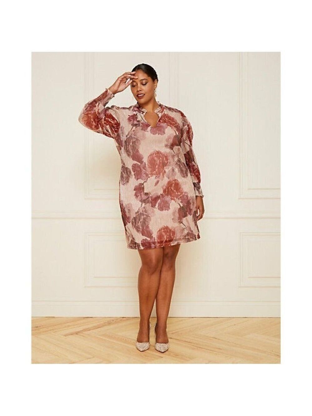 Women Le Chateau Floral Print Metallic Knit Tunic Dress Size 3X